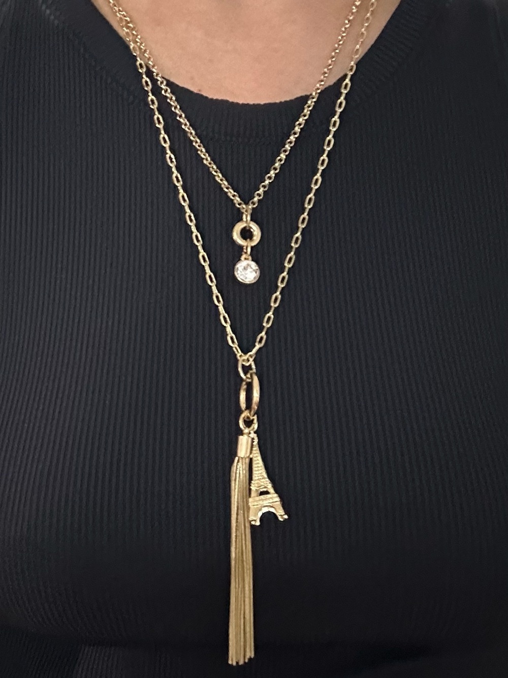 Guess Gold Layered Tassel Necklace with Eiffel Tower Charm